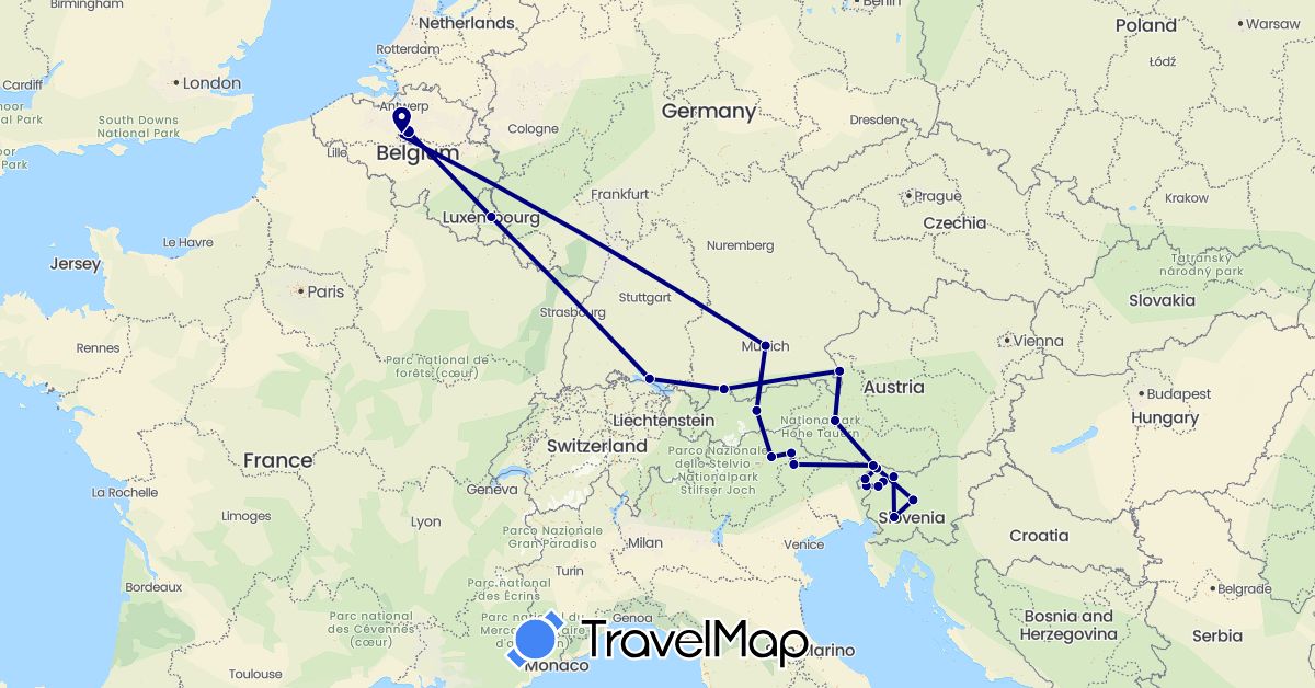 TravelMap itinerary: driving in Austria, Belgium, Germany, Italy, Luxembourg, Slovenia (Europe)